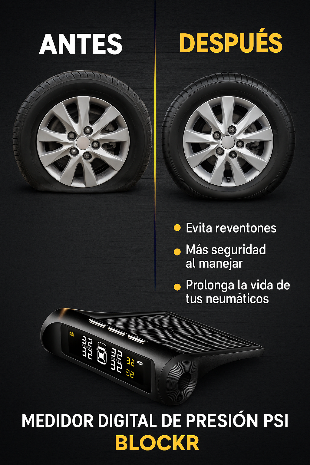 Medidor Sensor Digital Presión Neumáticos Auto Solar Blockr