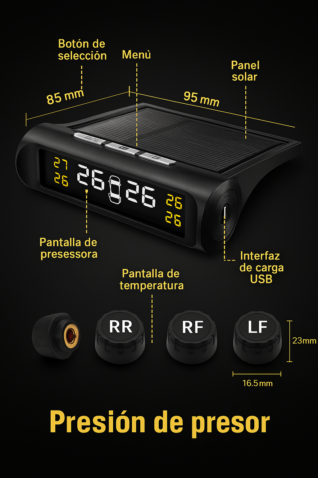 Medidor Sensor Digital Presión Neumáticos Auto Solar Blockr
