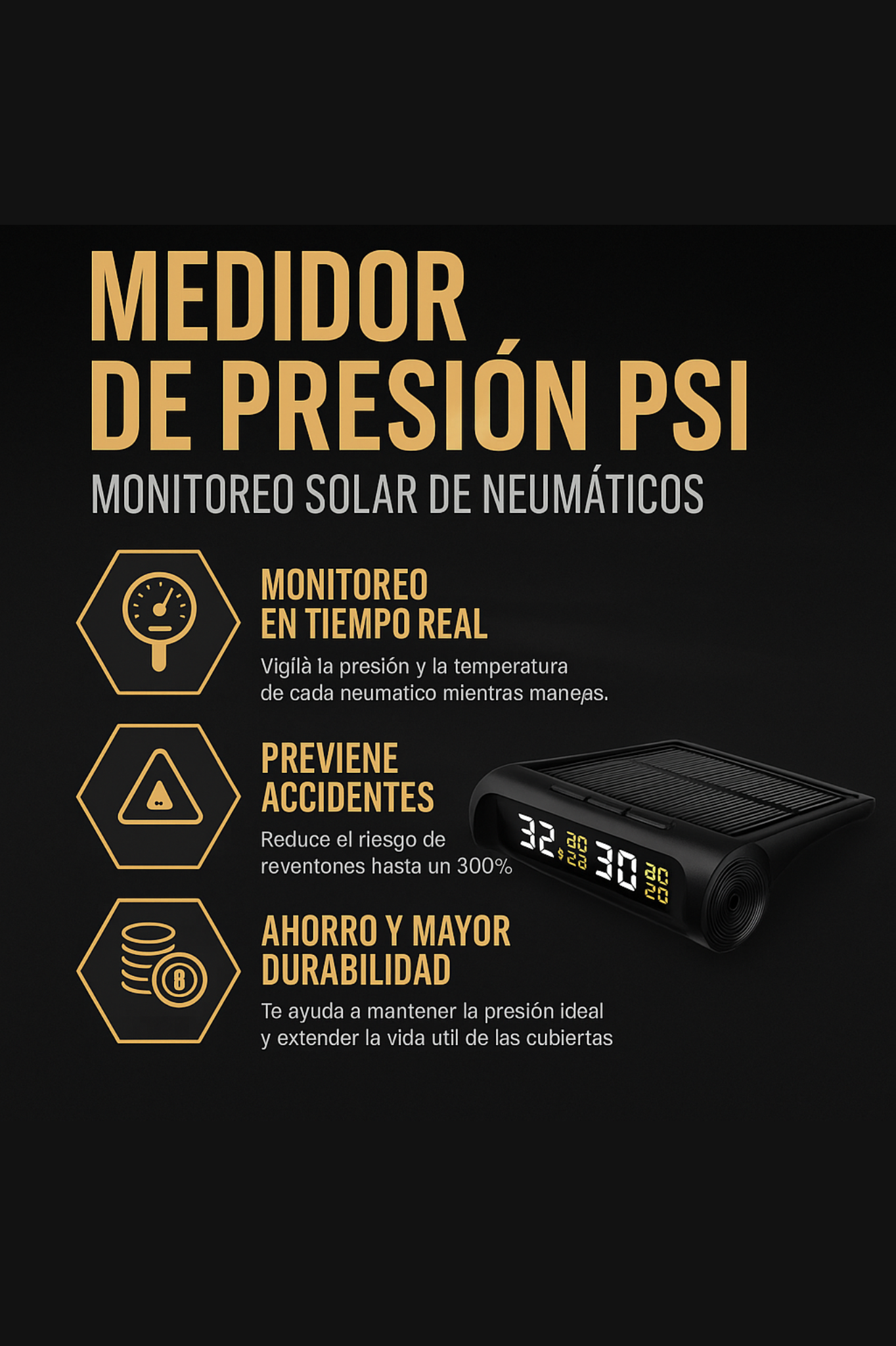 Medidor Sensor Digital Presión Neumáticos Auto Solar Blockr